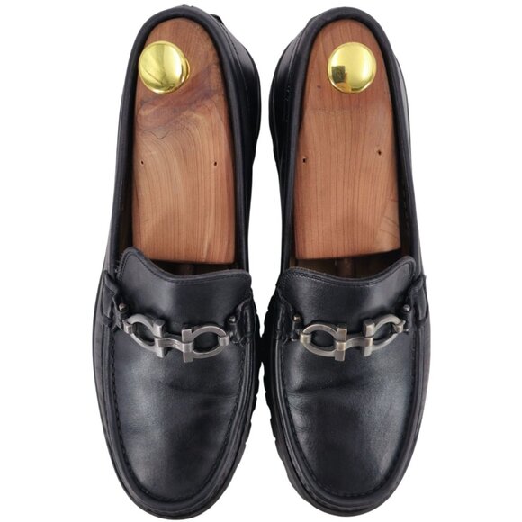 Salvatore Ferragamo Italy Black Leather Bit Loafers Men 8.5 Dress Shoes Lug Sole - Picture 10 of 12